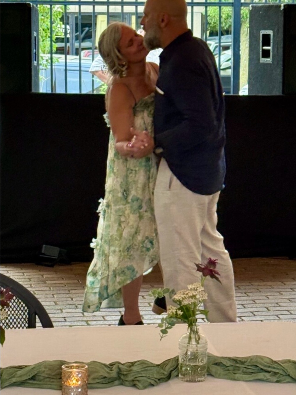 Anthropologie BHLDN Cream and Blue-Green Floral Spaghetti-Strap High-Low Dress - Picture 4 of 7